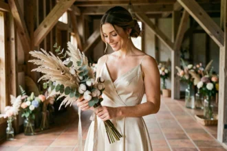 Mariée tenant un bouquet alternatif de pampa et d'eucalyptus séchés noué d'un ruban en lin dans une grange rustique