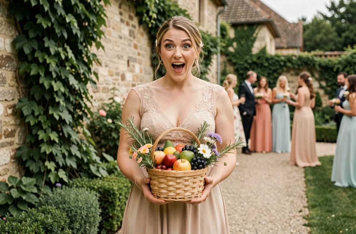 Mariée portant un panier en bois garni de fruits frais et de fleurs comestibles comme alternative au bouquet de mariage dans un jardin en pierre