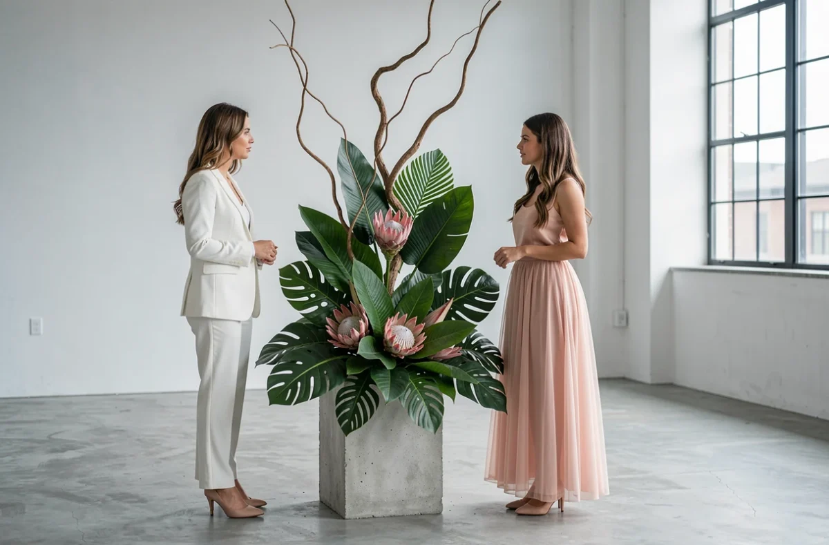 Deux futures mariées contemplant une sculpture végétale de feuilles tropicales et de protéas comme alternative moderne au bouquet de mariée traditionnel