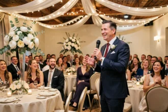 Animateur de mariage prenant la parole devant les invités lors du dîner de réception dans une salle décorée