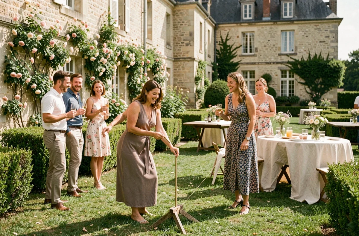 Animatrice de mariage organisant un jeu en plein air lors du cocktail dans un jardin de château