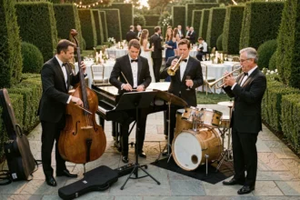 Quatuor de jazz en tuxedo jouant lors d'une réception de mariage chic en plein air sur une terrasse en pierre