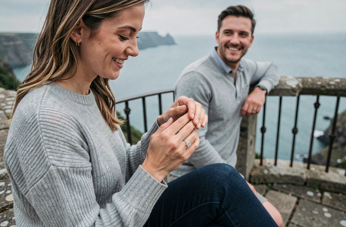 Femme admirant sa bague de fiançailles sur une terrasse avec vue sur la mer après une demande