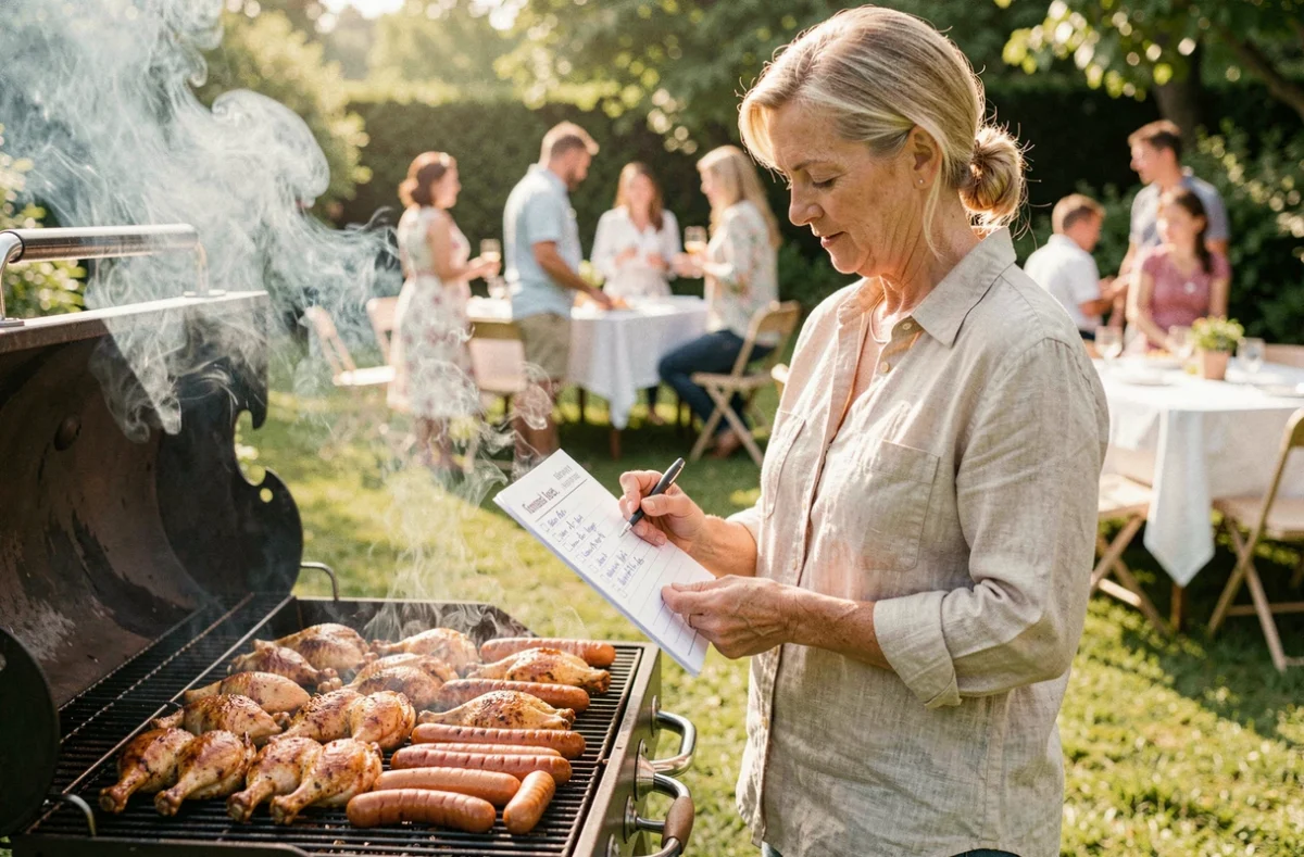 Femme consultant une liste de quantités de viande devant un grand barbecue préparé pour un événement de 50 personnes en plein air