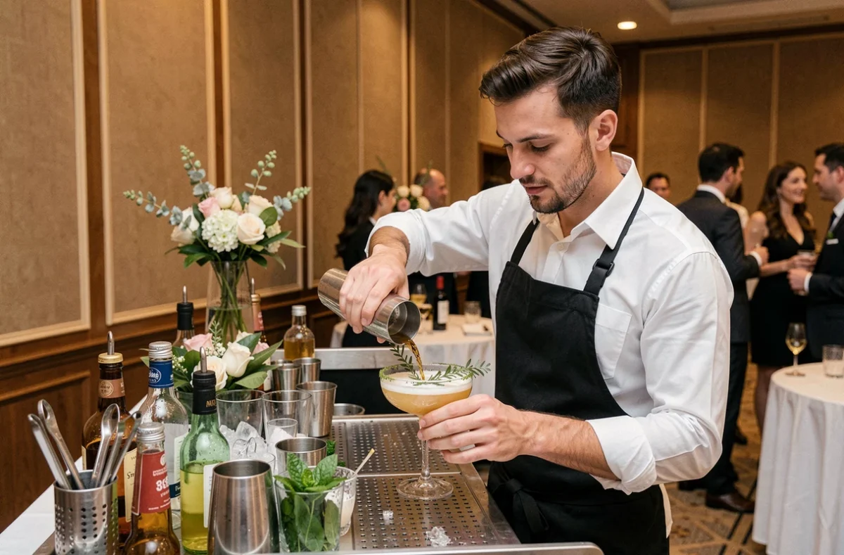 Barman préparant des cocktails lors d'un événement dinatoire d'entreprise dans une salle de réception élégante