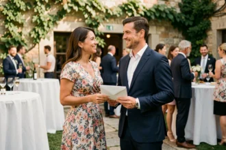 Couple de mariés recevant une enveloppe cadeau lors d'une réception de mariage en plein air