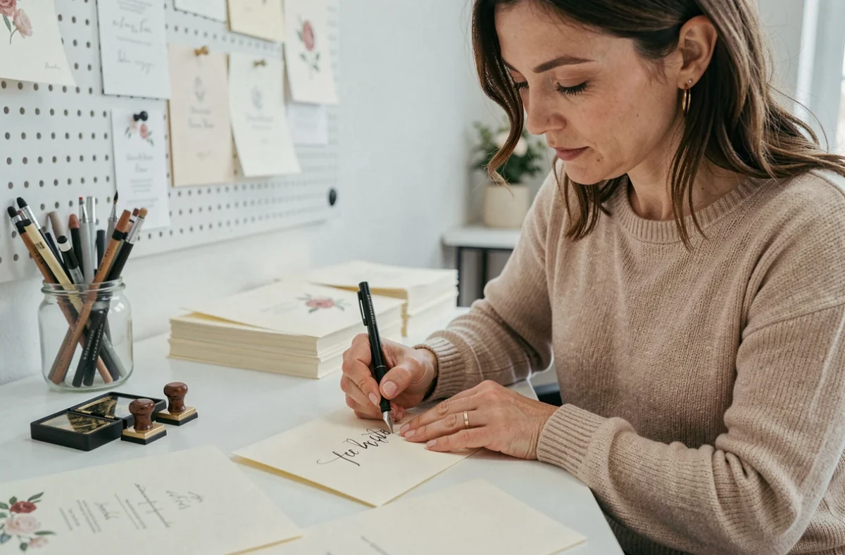 Calligraphe rédigeant des enveloppes d'invitation pour un vin d'honneur de mariage