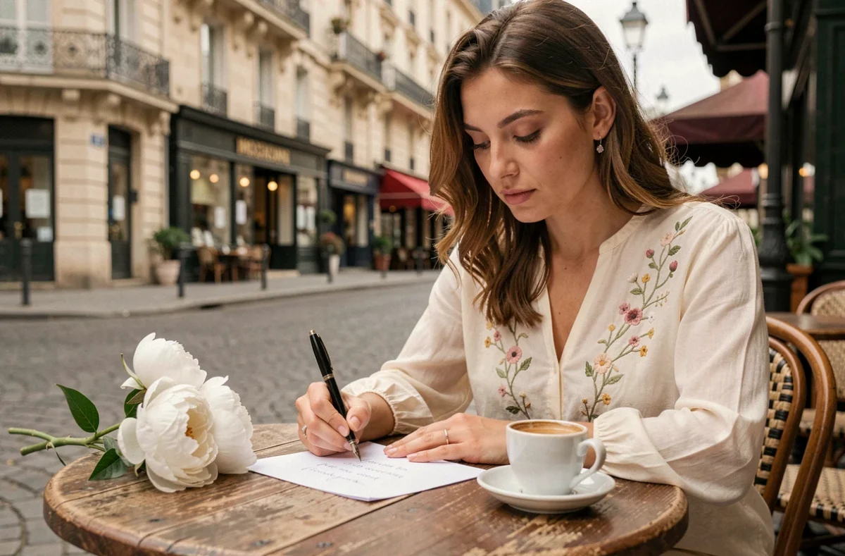 Femme écrivant une carte de voeux de lune de miel dans un café parisien avec des pivoines blanches