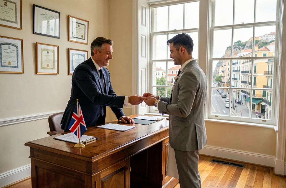Cérémonie de mariage civil dans un bureau d'état civil à Gibraltar avec officiant et couple échangeant des alliances