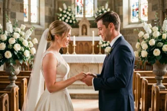 Couple échangeant des alliances lors d'une cérémonie de mariage dans une chapelle en pierre décorée de roses blanches