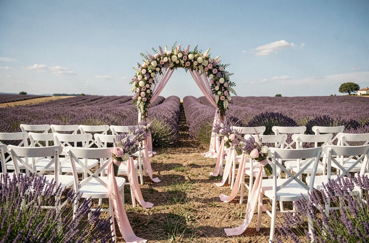 Cérémonie de mariage en plein air dans un champ de lavande en Provence avec arche fleurie et chaises décorées aux couleurs mauve et rose poudré