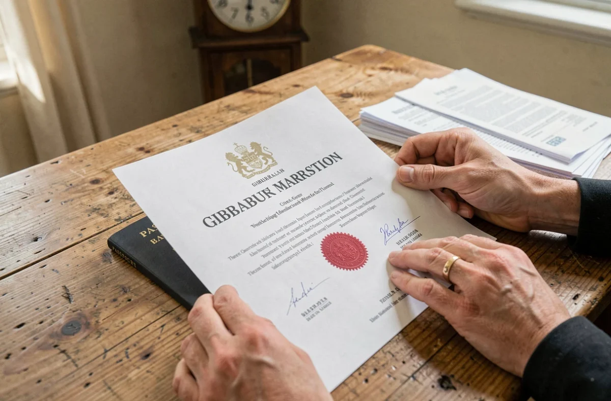 Mains tenant un certificat de mariage officiel de Gibraltar avec alliance en or et passeport britannique sur table en bois