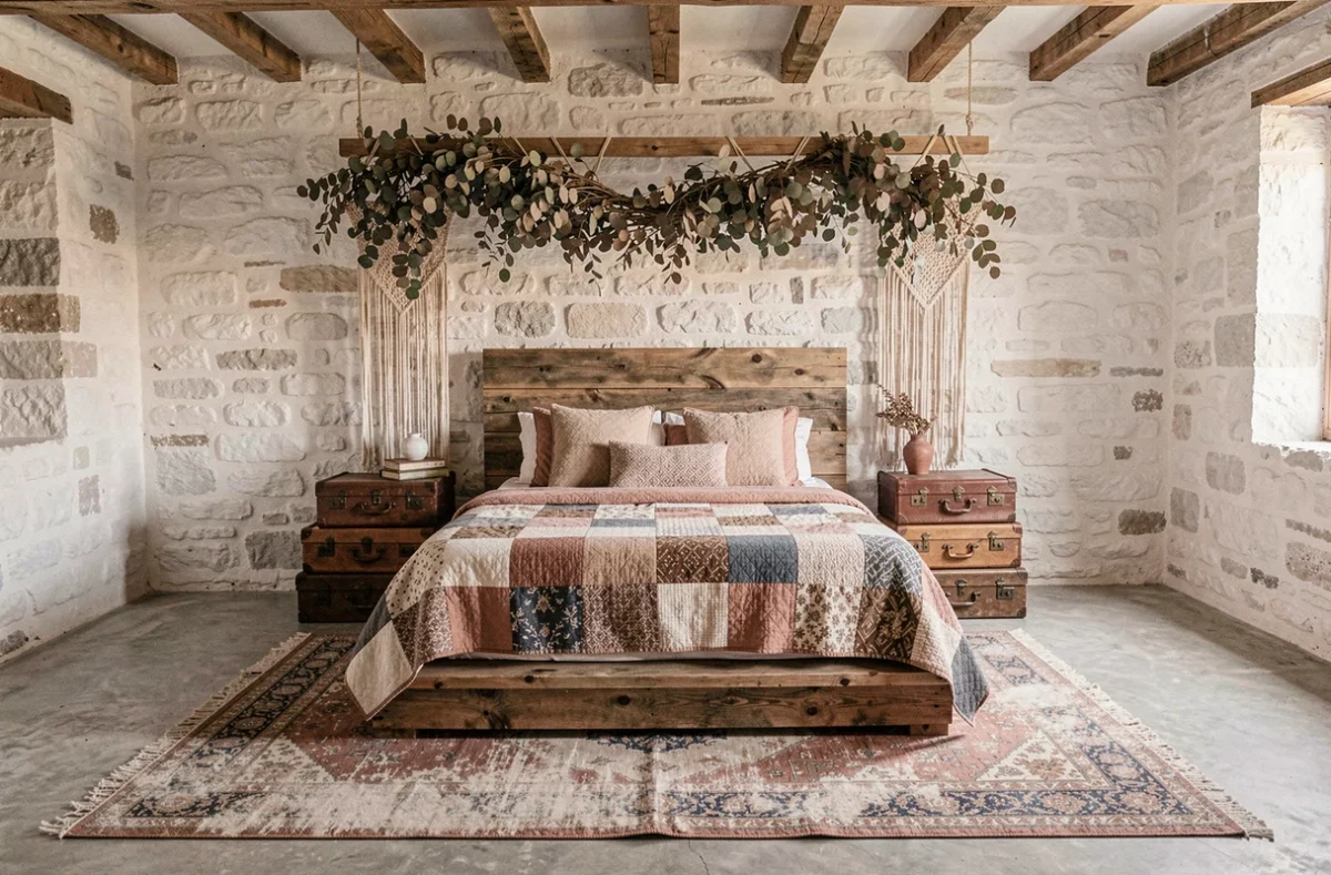 Chambre bohème rustique avec lit bas en bois de grange, courtepointe patchwork, branches d'eucalyptus séchées et murs en pierre blanchie