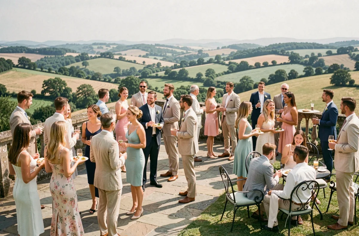 Cocktail de mariage sur une terrasse en pierre avec des groupes d'invités élégants qui se mêlent avec vue sur la campagne