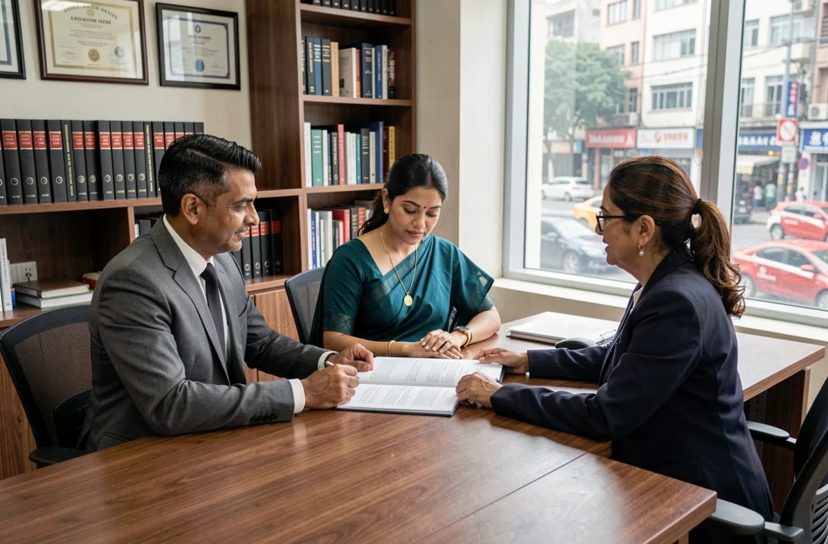 Consultation juridique pour un mariage entre cousins dans un bureau d'avocat moderne en Asie du Sud