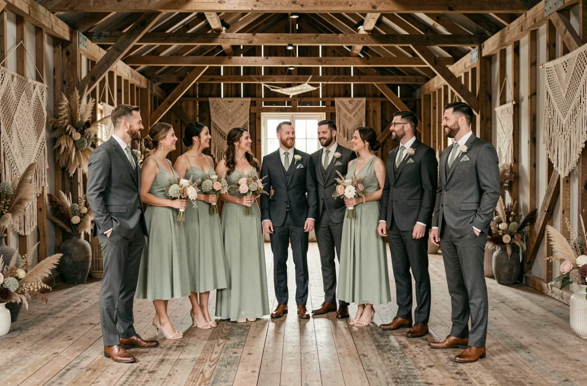 Cortège de mariage avec tenues coordonnées en vert sauge et gris dans une grange rustique