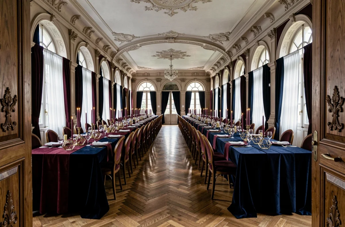 Salle de réception de mariage décorée en bordeaux, bleu marine et or avec des bougies et des coureurs en velours dans un château élégant
