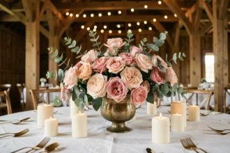 Décoration de table de mariage avec des fleurs roses et de l'eucalyptus dans des vases en laiton doré, ambiance champêtre élégante