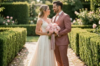 Couple de mariés aux tenues assorties en rose poudré et ivoire dans un jardin fleuri