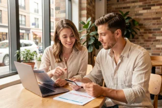 Couple planifiant le budget de leur lune de miel sur un ordinateur portable dans un appartement moderne