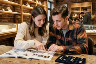 Couple choisissant leurs alliances de mariage dans une bijouterie rustique, consultant des catalogues et des présentoirs de bagues en or et argent