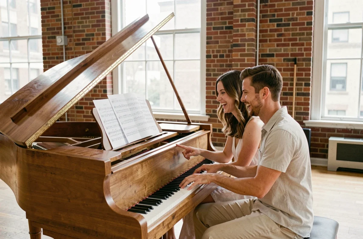 Couple choisissant ensemble la musique de leur mariage autour d'un piano avec des partitions