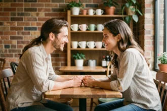 Couple complice en conversation intime dans un café vintage, signe de connexion amoureuse profonde