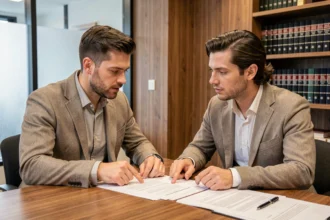 Couple examinant des documents juridiques chez un notaire pour se protéger sans contrat de mariage