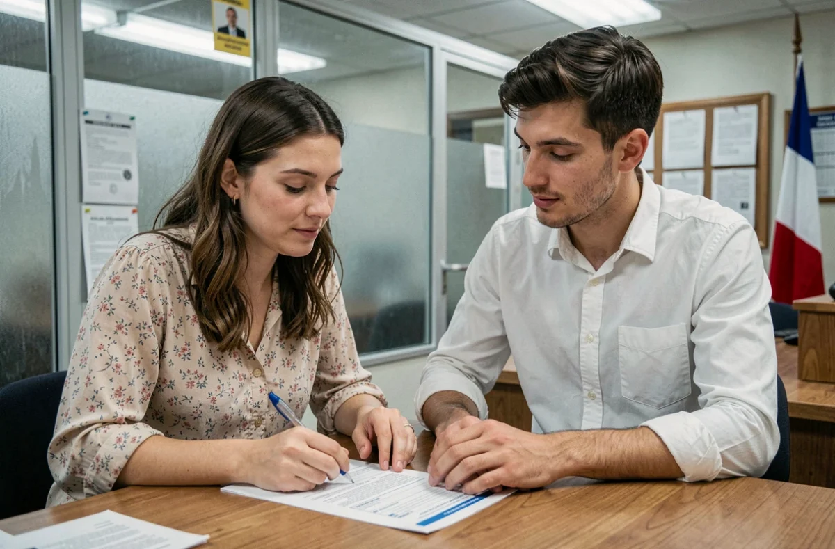 Jeune couple consultant un dossier de demande de mariage dans un bureau d'état civil de mairie