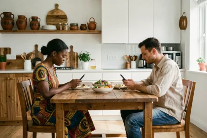Couple interculturel en tension silencieuse à table, illustrant les défis de communication dans les mariages mixtes