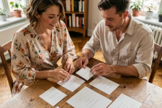 Couple marié sélectionnant les cartons d'invitation pour le vin d'honneur de leur mariage