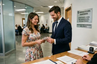 Couple souriant au guichet d'un palais de justice de Los Angeles pour obtenir leur licence de mariage