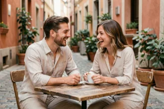 Couple heureux partageant un café en terrasse lors de leur lune de miel, riant ensemble dans une rue pavée européenne
