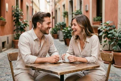 Couple heureux partageant un café en terrasse lors de leur lune de miel, riant ensemble dans une rue pavée européenne