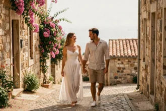 Couple de jeunes mariés en lune de miel se promenant dans un village méditerranéen ensoleillé