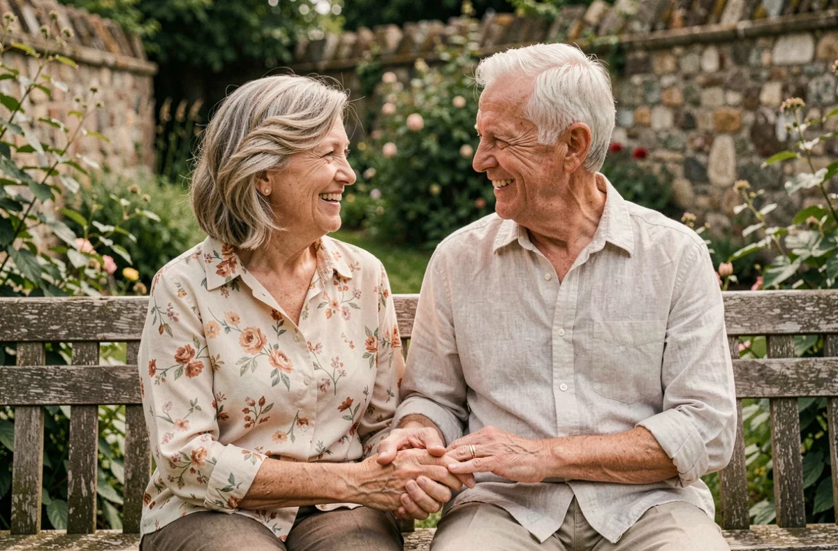 Couple âgé tenant la main dans un jardin verdoyant symbolisant une longue durée de mariage et la complicité conjugale