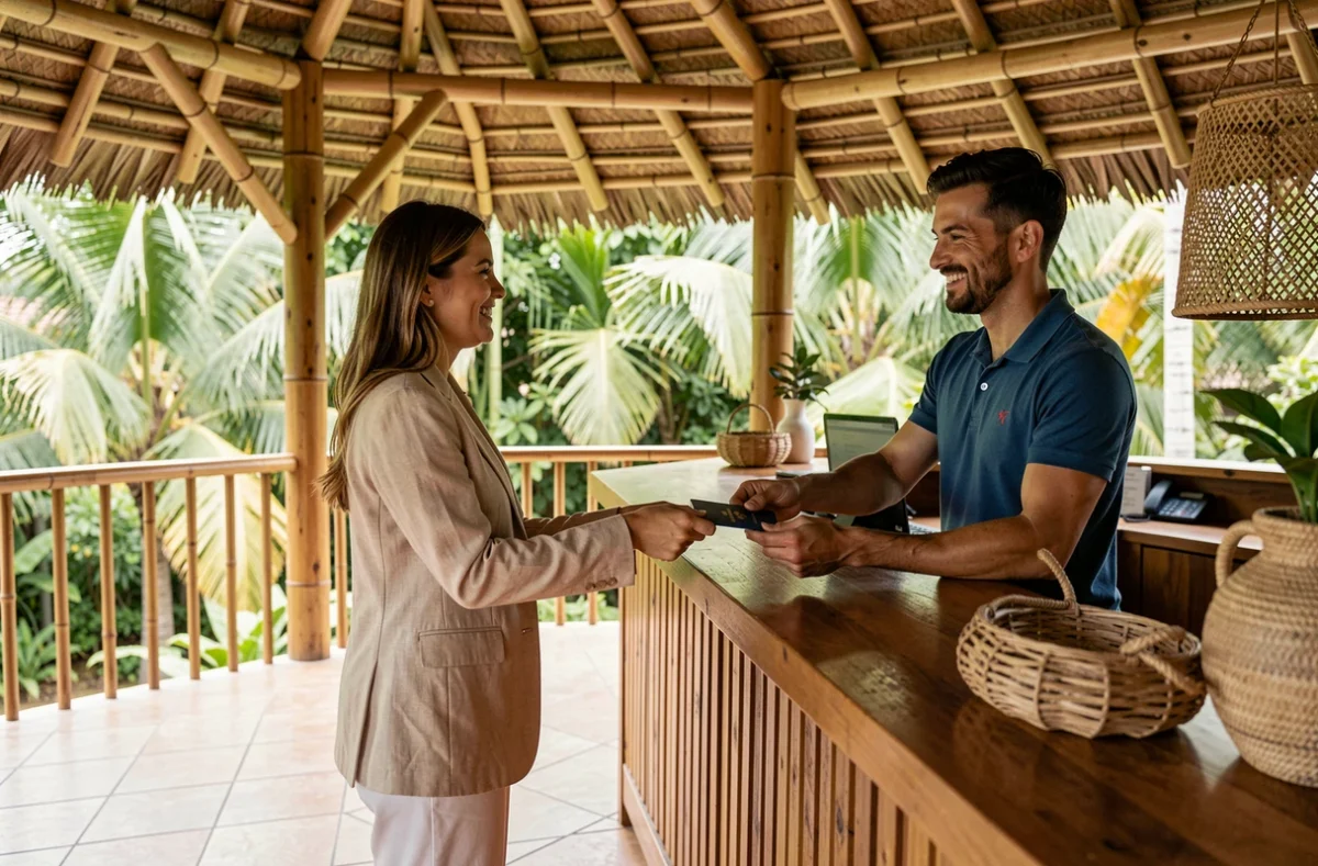 Couple de jeunes mariés en train d'effectuer leur check-in dans un resort tropical lors de leur voyage de noces