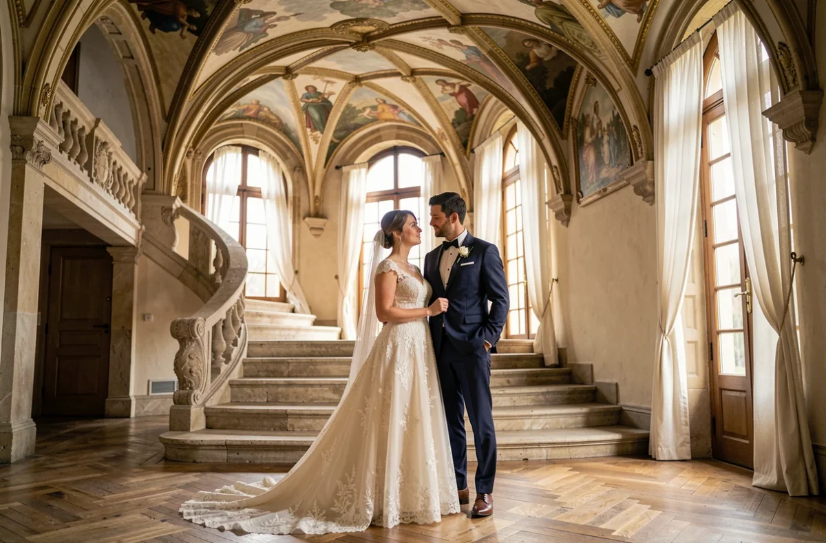 Couple de mariés dans un château historique français avec escalier en pierre et décor intérieur Renaissance