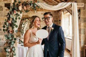 Couple de mariés qui rigole dans un photobooth de mariage décoré d'une arche en bois, de verdure et de fleurs séchées lors d'une réception en France