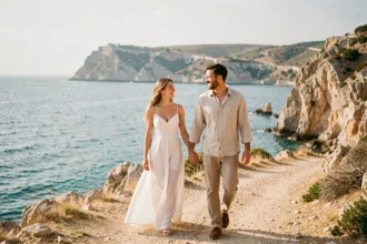 Couple de jeunes mariés marchant main dans la main sur une plage méditerranéenne lors de leur lune de miel