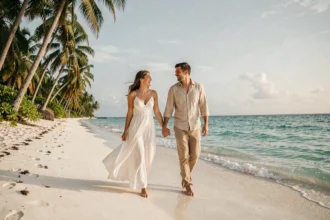 Couple de jeunes mariés marchant main dans la main sur une plage tropicale lors de leur voyage de noces