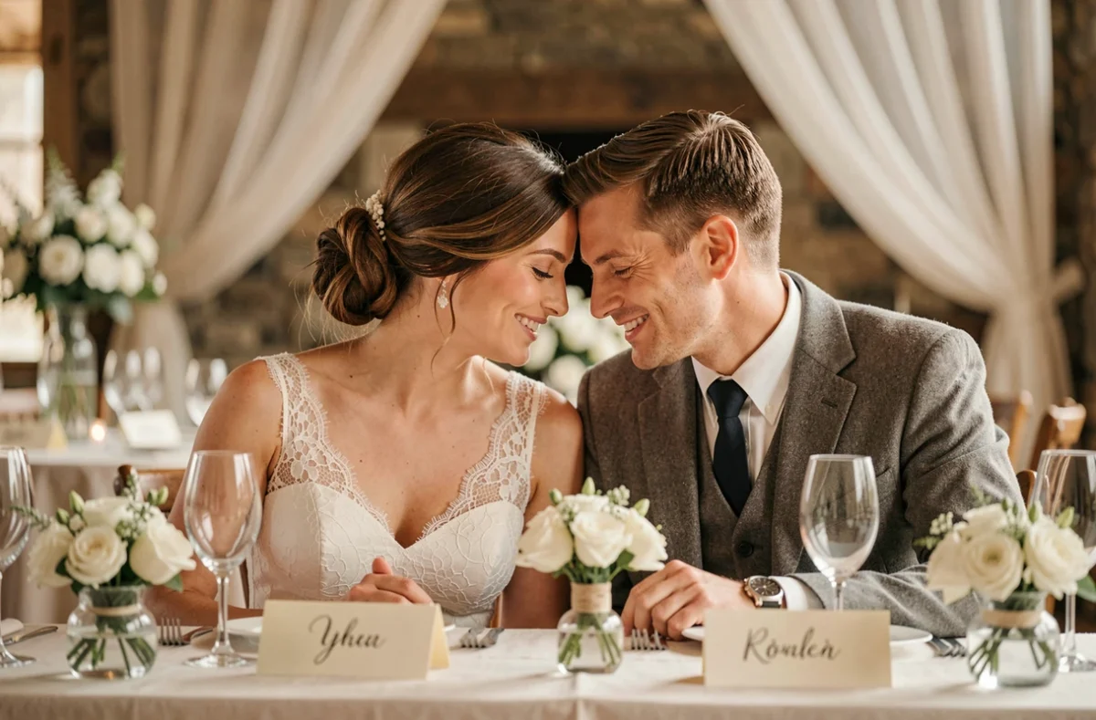 Couple de mariés assis côte à côte à la table d'honneur lors de leur réception de mariage dans un château rustique