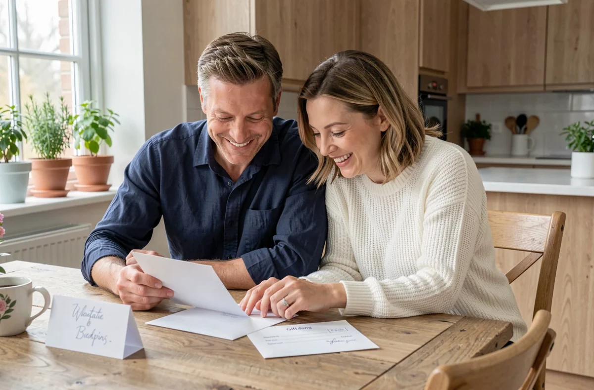 Couple préparant un message personnalisé joint à un chèque cadeau pour un mariage
