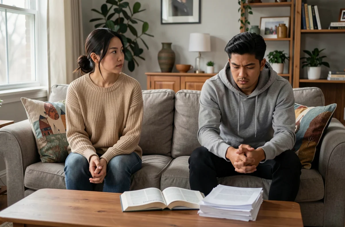 Couple mixte assis à distance sur un canapé, symbolisant les difficultés de communication et les incompatibilités culturelles dans le mariage