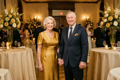Couple de personnes âgées célébrant leurs 50 ans de mariage noces d'or dans une salle de réception décorée en doré