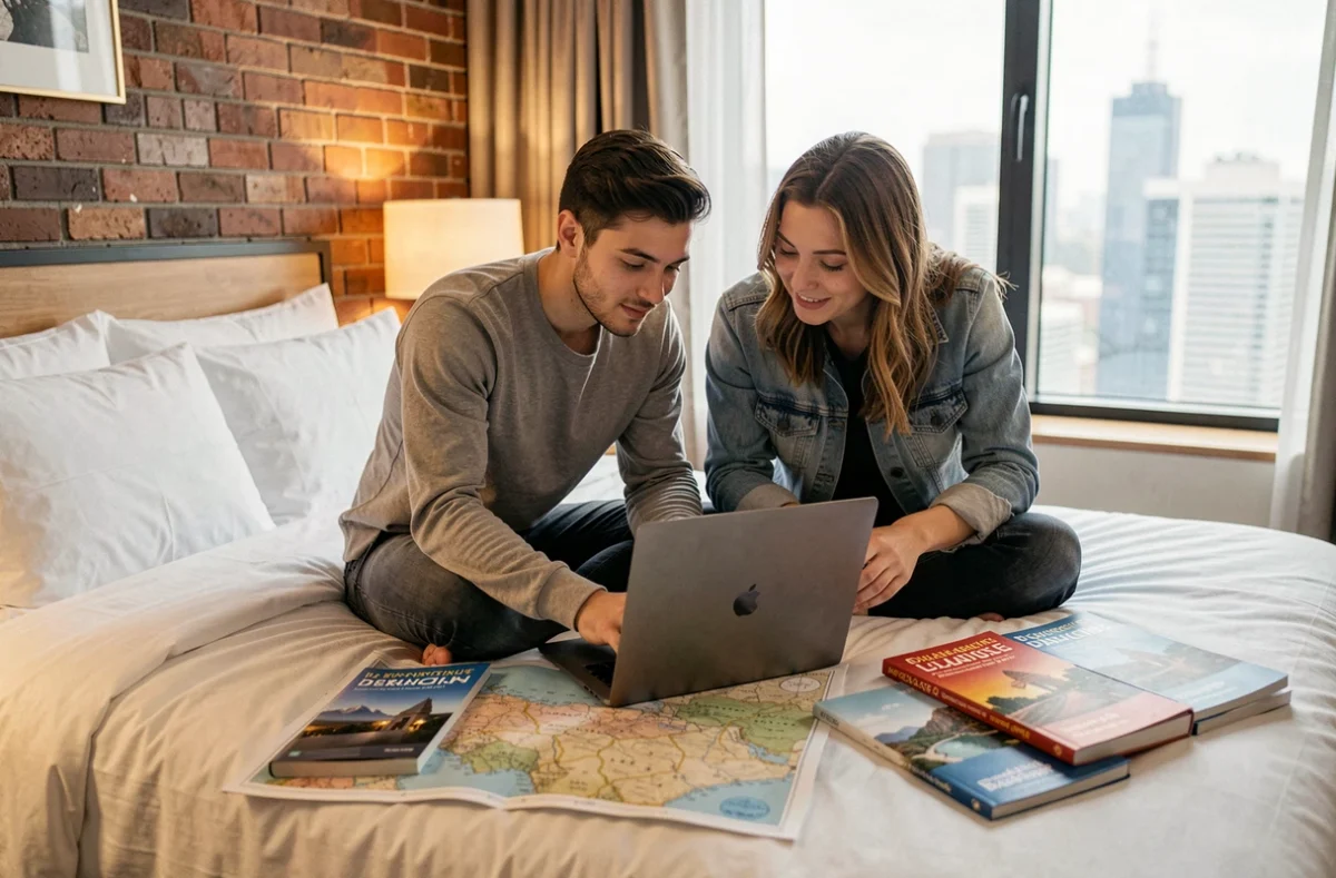 Couple planifiant leur voyage de lune de miel dans une chambre d'hôtel boutique avec une carte et des guides de voyage