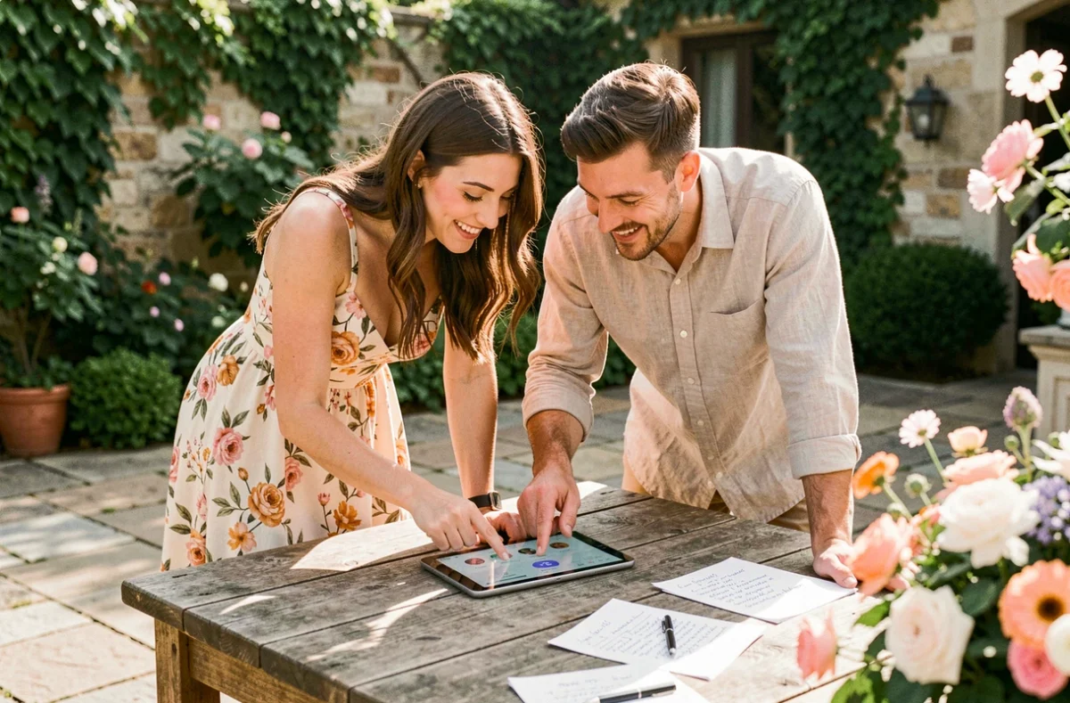 Couple choisissant ensemble les chansons de leur playlist de mariage sur une tablette en terrasse