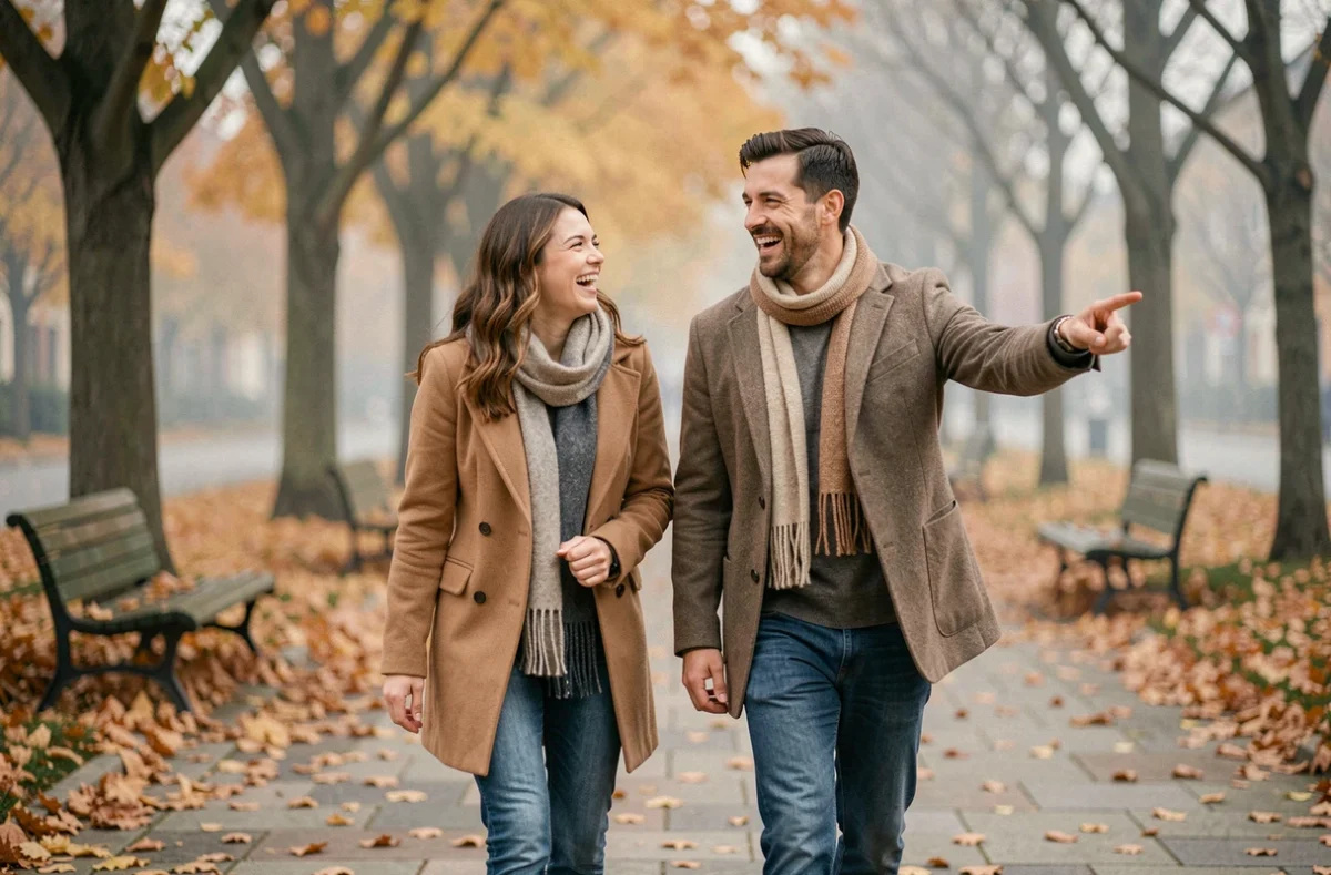 Couple amoureux se promenant dans un parc en automne, complicité et rires partagés