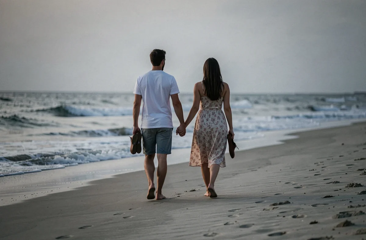 Couple se promenant main dans la main sur une plage au coucher du soleil pendant leur lune de miel romantique