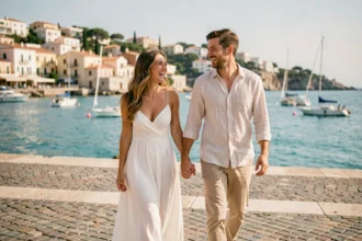 Couple en voyage de noces se promenant sur une promenade méditerranéenne ensoleillée au bord de la mer